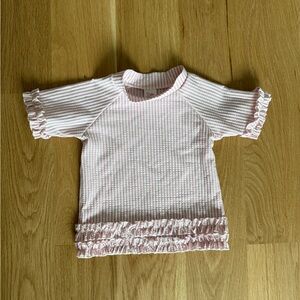 RuffleButts Pink Striped Seersucker Swim Rashguard with Ruffle Sleeves